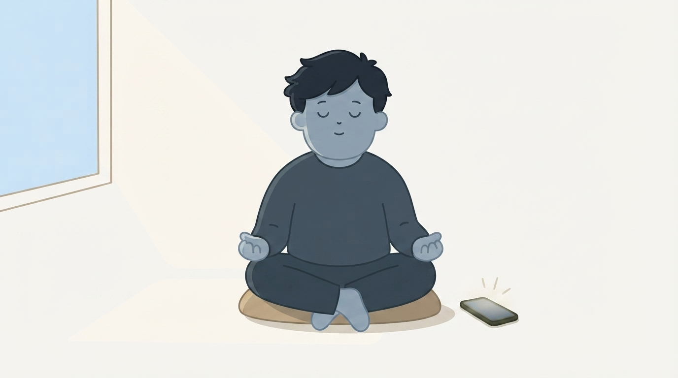 An illustration of a person sitting quietly by a window at dawn, hands open in their lap, an open Bible unread beside them