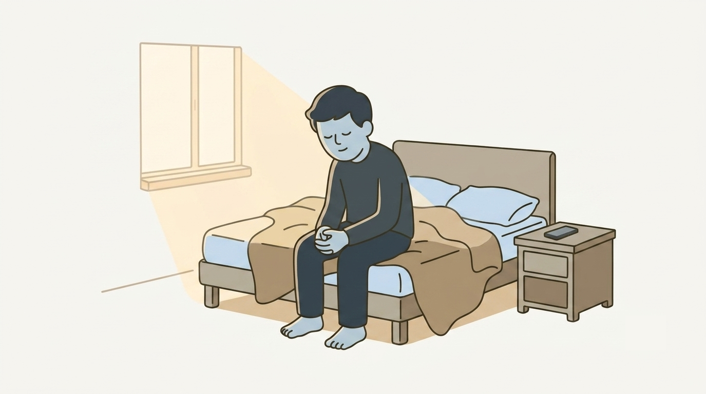An illustration of a person sitting on the edge of a bed in early morning light, head bowed in a quiet, unhurried prayer