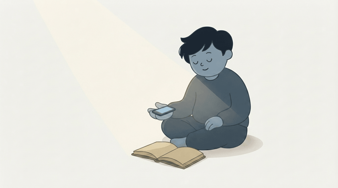 An illustration of a hand holding a phone beside an open Bible and a mug, with a checklist of app features floating above the screen in warm morning light