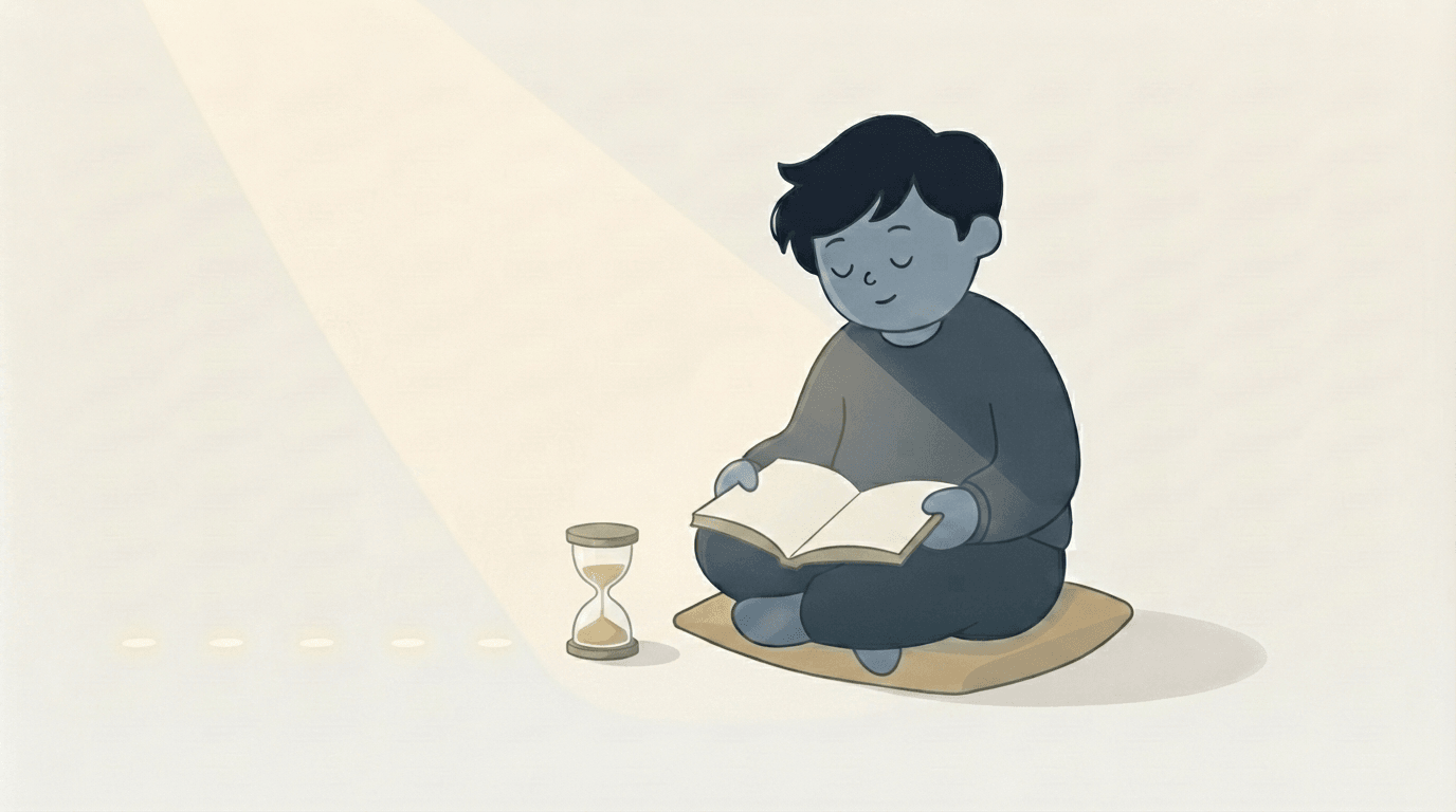 An illustration of a person sitting quietly with an open Bible beside a small hourglass, morning light falling across the floor