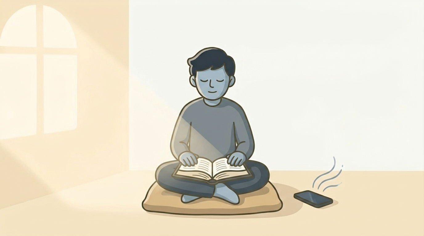 An illustration of a person reading an open Bible in a calm pool of morning light, a phone set face-down and dimmed on the table nearby