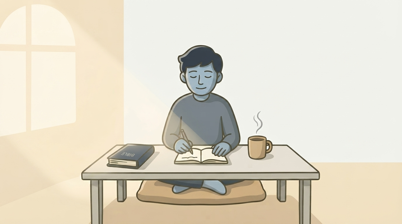 An illustration of a person at a kitchen table on Monday morning with a coffee mug and an open notebook, jotting down a short sermon recap on their phone