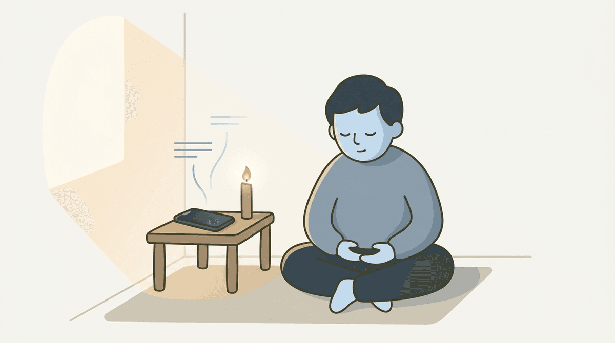 An illustration of a person finishing prayer at a table, a dimmed phone lying face-down beside a still-glowing candle in soft morning light