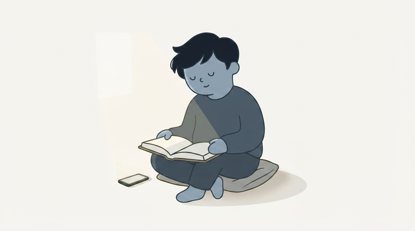 An illustration of a person reading an open Bible on a table with a phone beside it, using the phone as a study helper rather than the final word