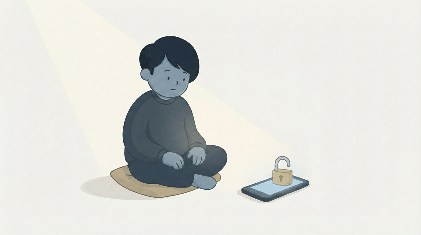 An illustration of a phone on a wooden table showing a quiet prayer window, an open Bible and a mug beside it in warm morning light