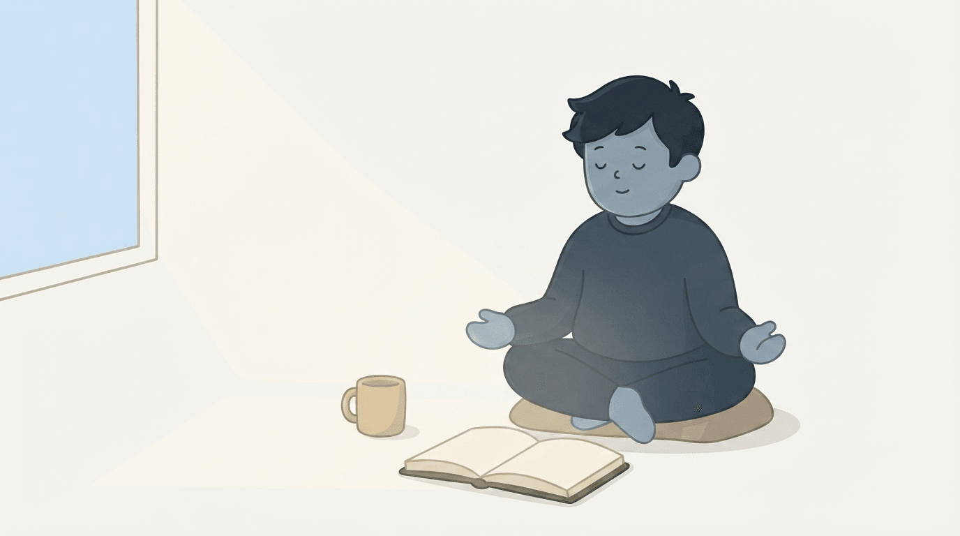 An illustration of a person sitting alone with an open Bible at dawn, hands still, a cold cup of coffee beside them in flat grey-blue light