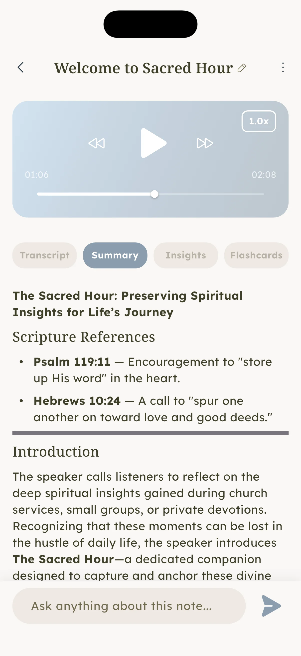 Sacred Hour's sermon note screen showing the audio player, the Transcript, Summary, Insights, and Flashcards tabs, and an AI-generated summary with scripture references and an introduction