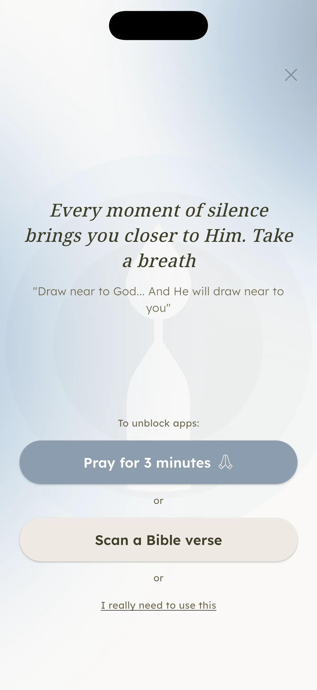 Sacred Hour app screen showing a Morning Prayer quiet time window with distracting apps blocked and a Bible app allowed