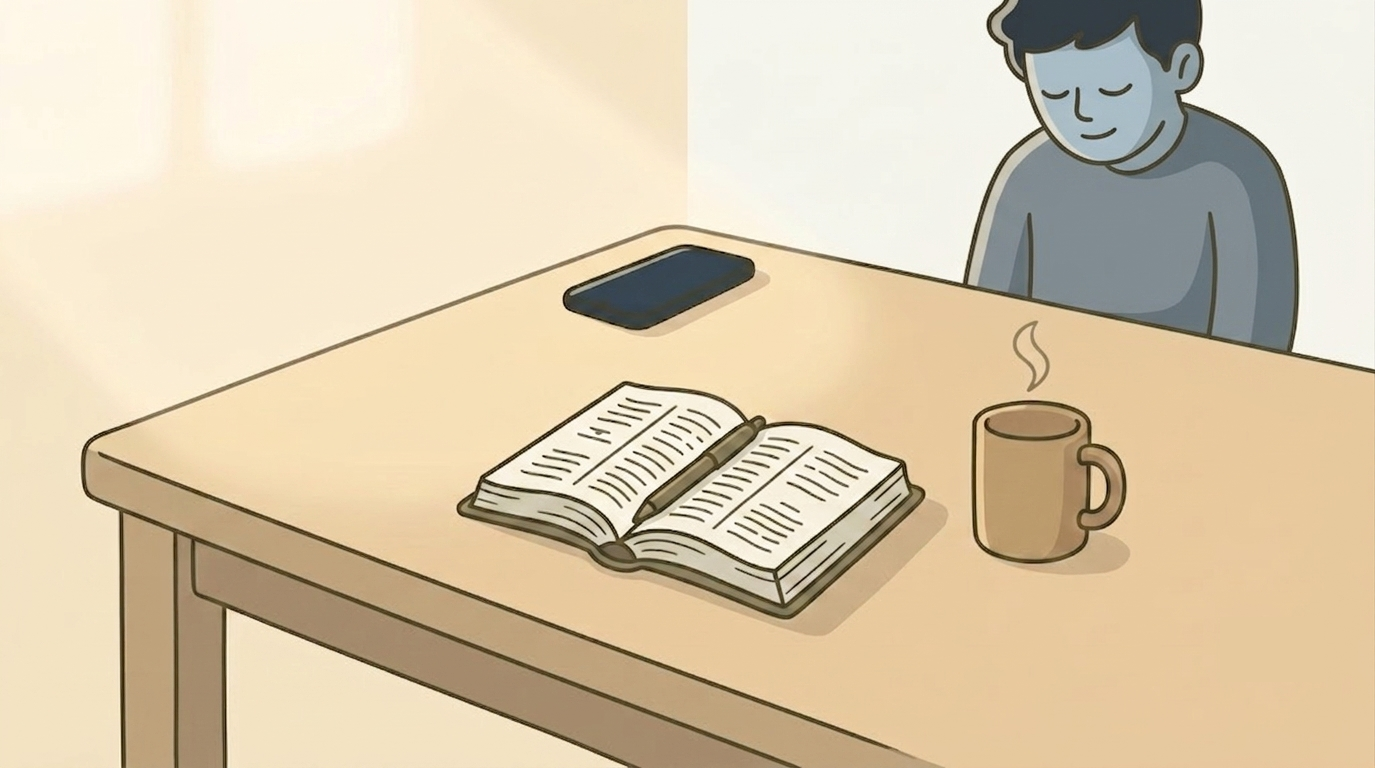 An illustration of a simple quiet time setup on a table — an open Bible, a pen, and a mug in warm morning light, phone set aside