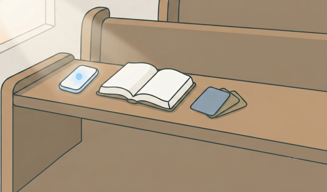 An illustration of a phone on a church pew capturing a sermon beside an open Bible, with a small stack of review cards resting next to it