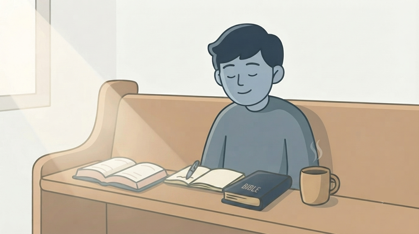 An illustration of a person on a church pew deciding whether to press record, a phone resting on an open Bible beside them