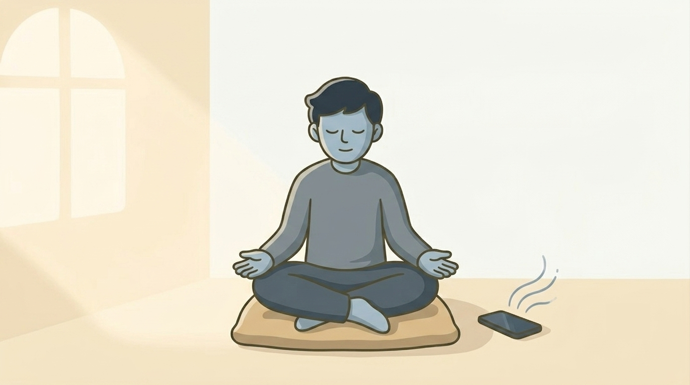 An illustration of a person sitting quietly at dawn with hands open and empty, a warm light coming through a window