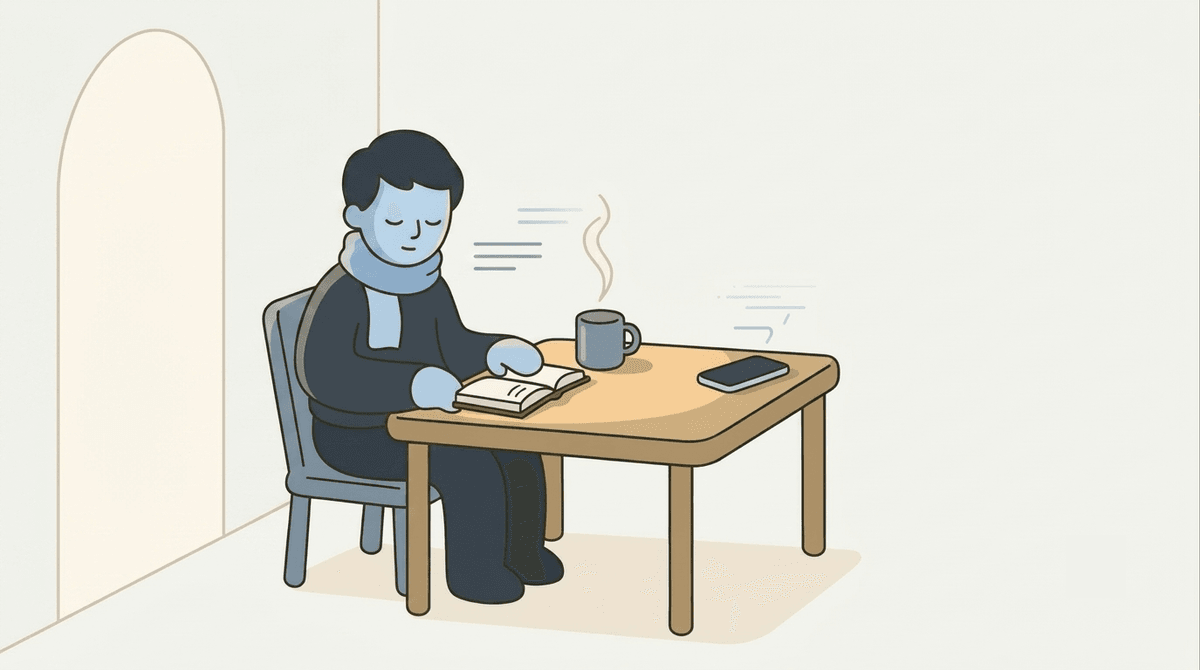 An illustration of a person sitting quietly with an open Bible and a mug of coffee in early morning light, phone face-down beside them