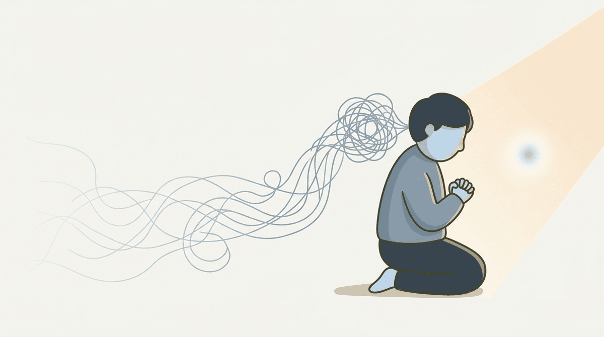 An illustration of a person sitting cross-legged in quiet prayer, phone set aside on a table beside a lit candle