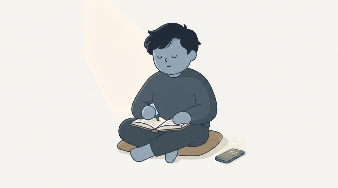 An illustration of an open Bible beside a phone, with a small robot assistant handing over a highlighter but stepping back from the pages