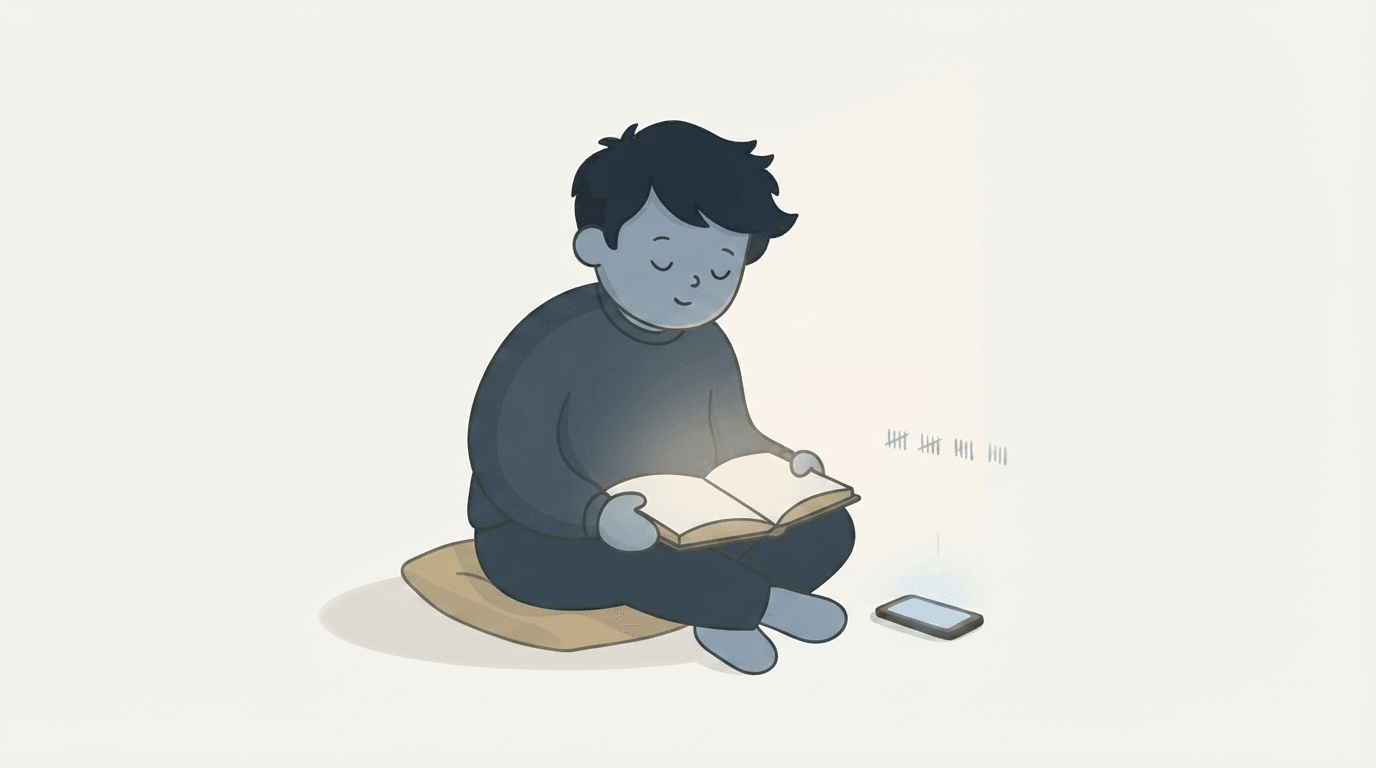 An illustration of a phone on a bedside table showing a gentle rest prompt where a streak counter used to be, beside an open Bible