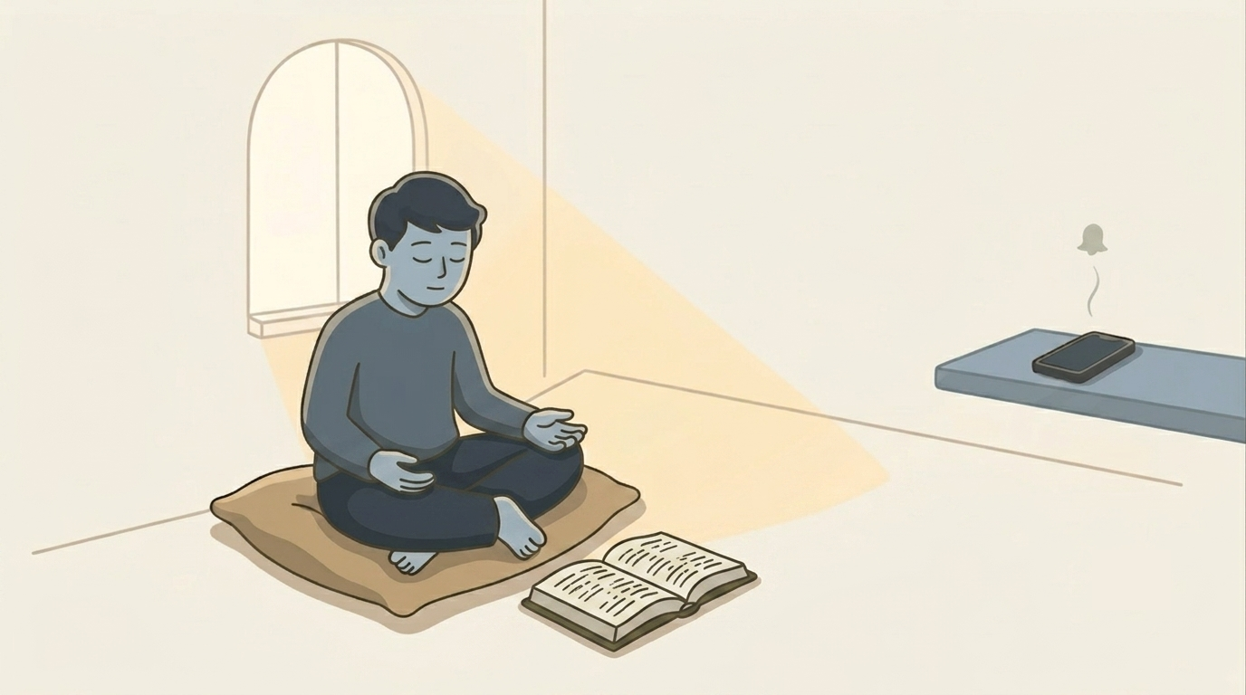 An illustration of a person sitting still with eyes closed before an open Bible in soft morning light, pausing in silence before praying