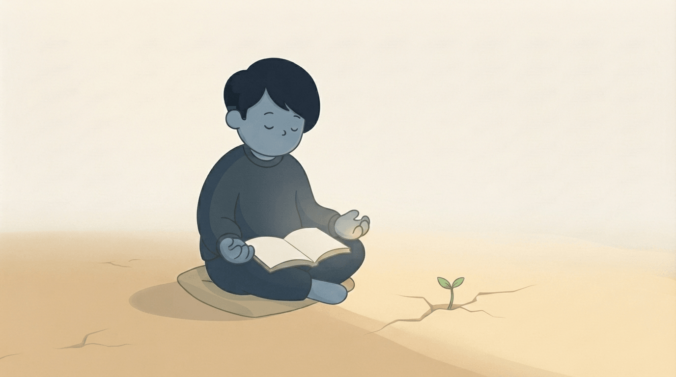 An illustration of a person sitting with an open Bible in dim early light, a small green shoot pushing up through cracked dry ground beside them