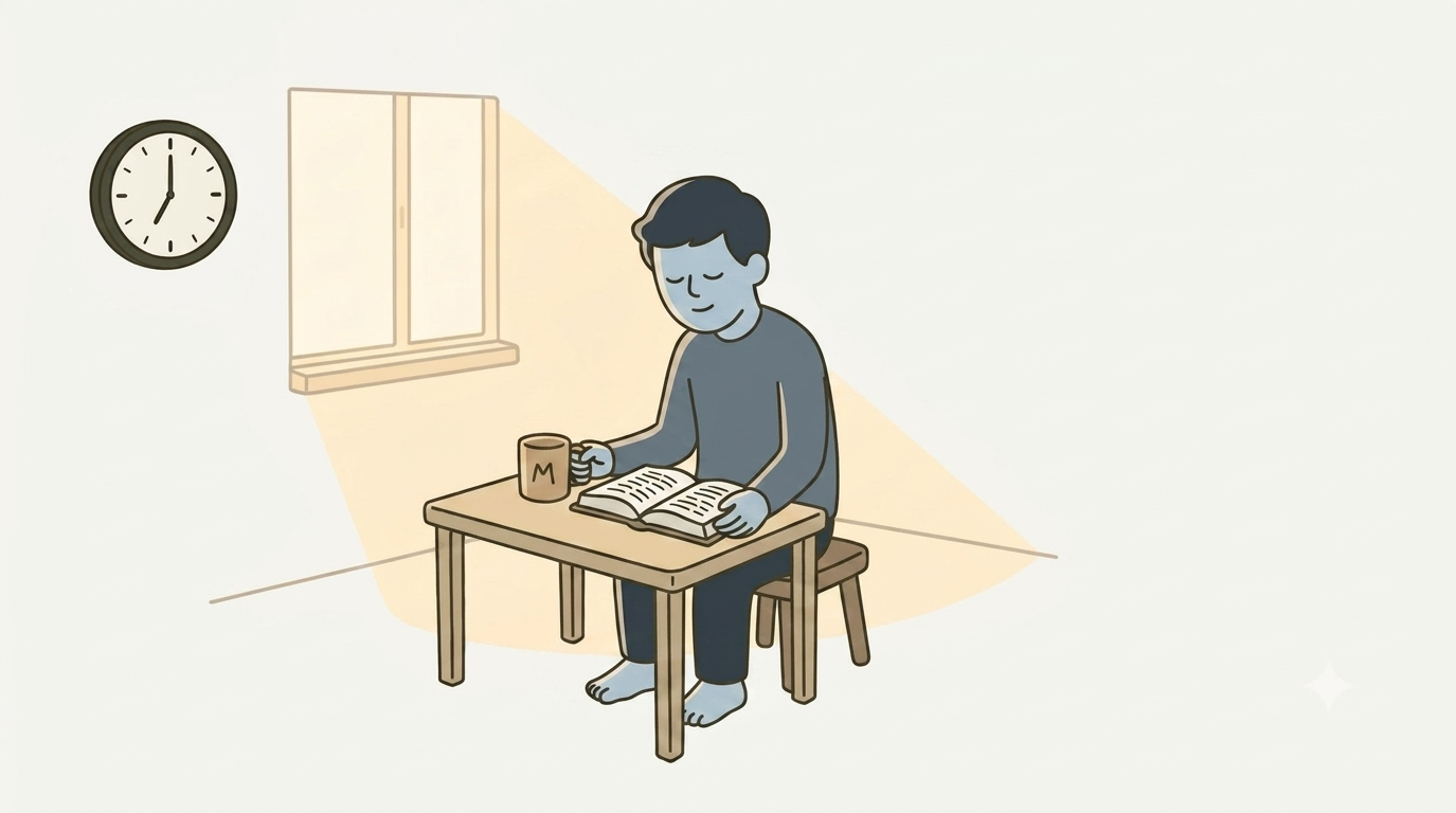 An illustration of a person looking at an open Bible and a clock in soft morning light, considering when to pray