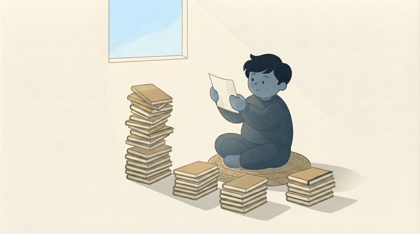 An illustration of a person at a kitchen table sorting a tall stack of old sermon notebooks into three smaller piles, one page held up to the light