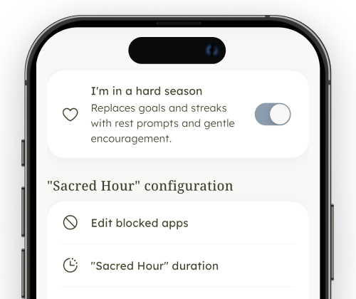 Grace Mode screen showing rest prompts instead of a Bible reading streak