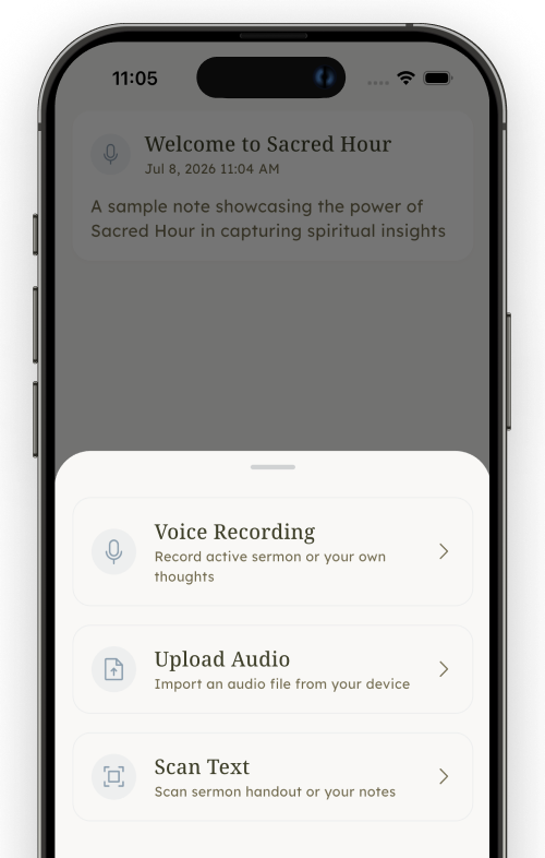 Sermon transcript with AI-generated summary and flashcards in Sacred Hour